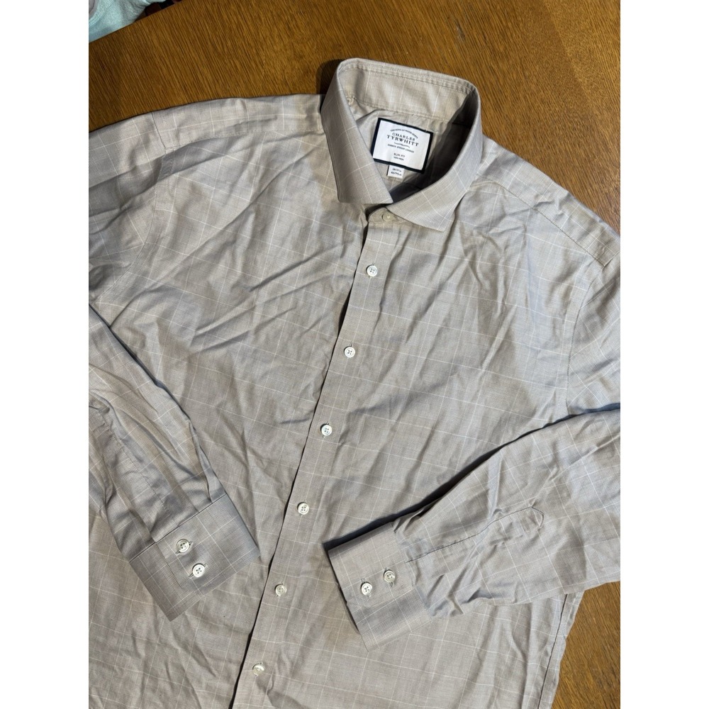 Charles Tyrwhitt Shirt‎ 18 37 Slim Fit Non Iron Tan Check Dress Cotton